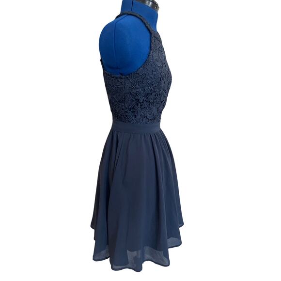 Lulus Lover's Game Navy Lace Skater Mini Dress Size XS Romantic Coquette Halter - Picture 3 of 12